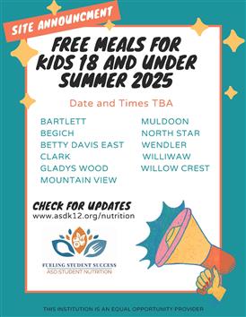  Image with Site Announcement Free meals for kids 18 and under summer 2025 Date and Times TBA sites 